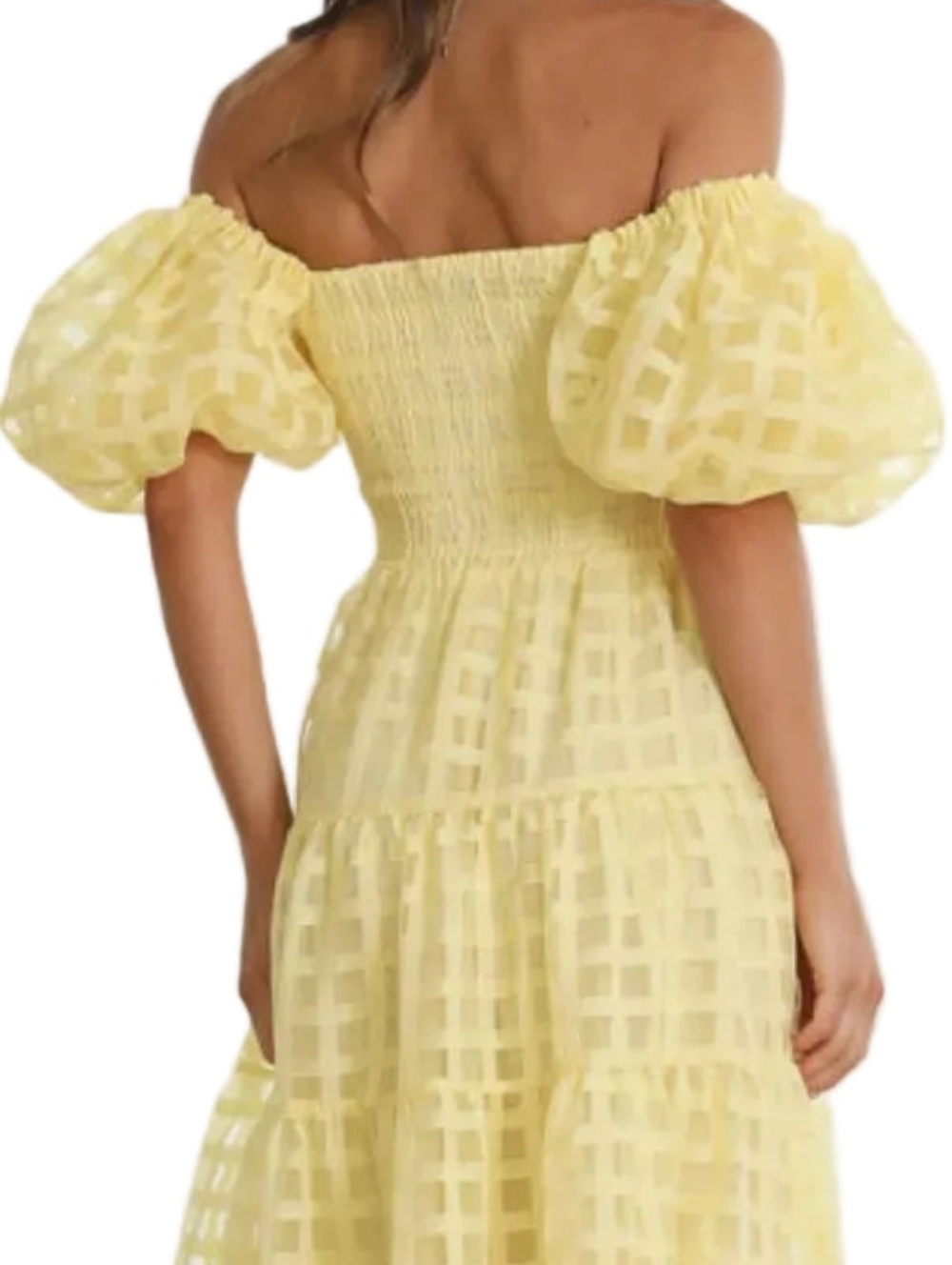 Off Shoulder Short Puff Sleeve Elastic Smocked Bodice Tiered A-line Midi Dress - Picture 4 of 14